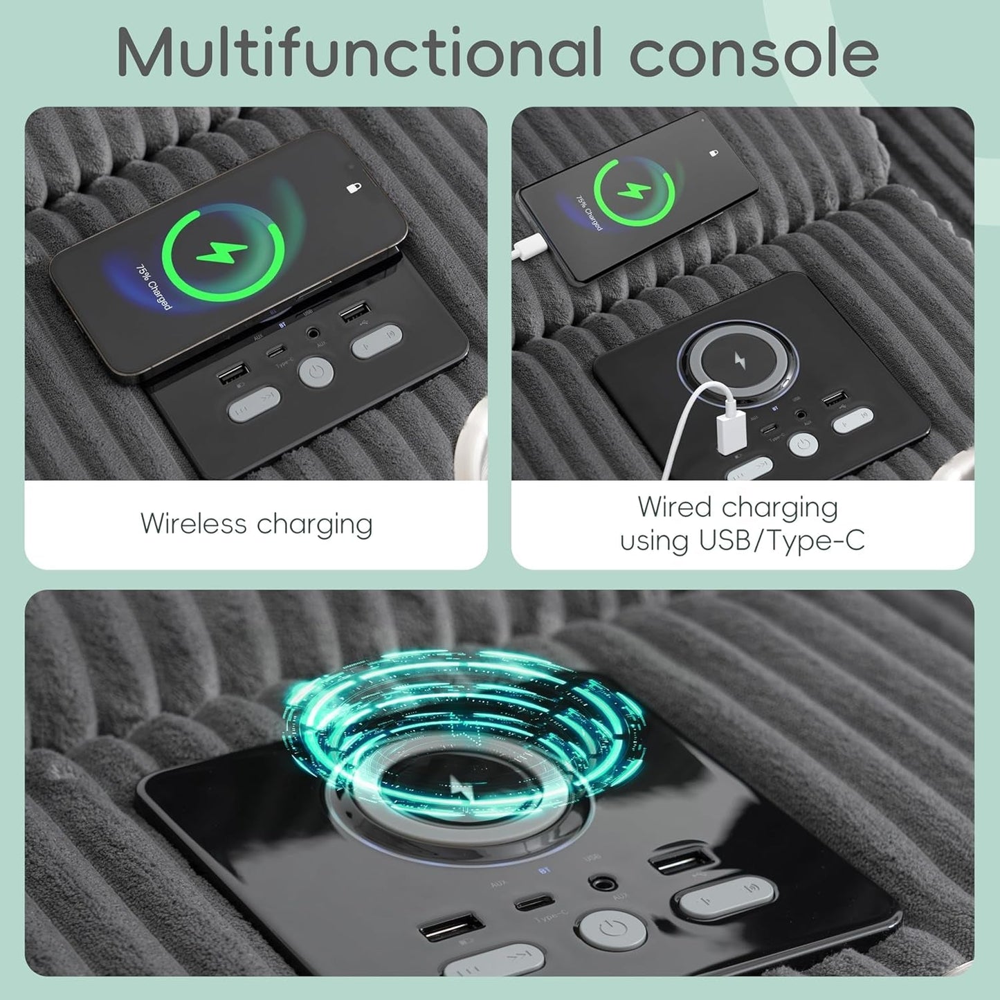 Sofá Seccional 114″ Corduroy con Altavoces Bluetooth Integrados y Carga Inalámbrica