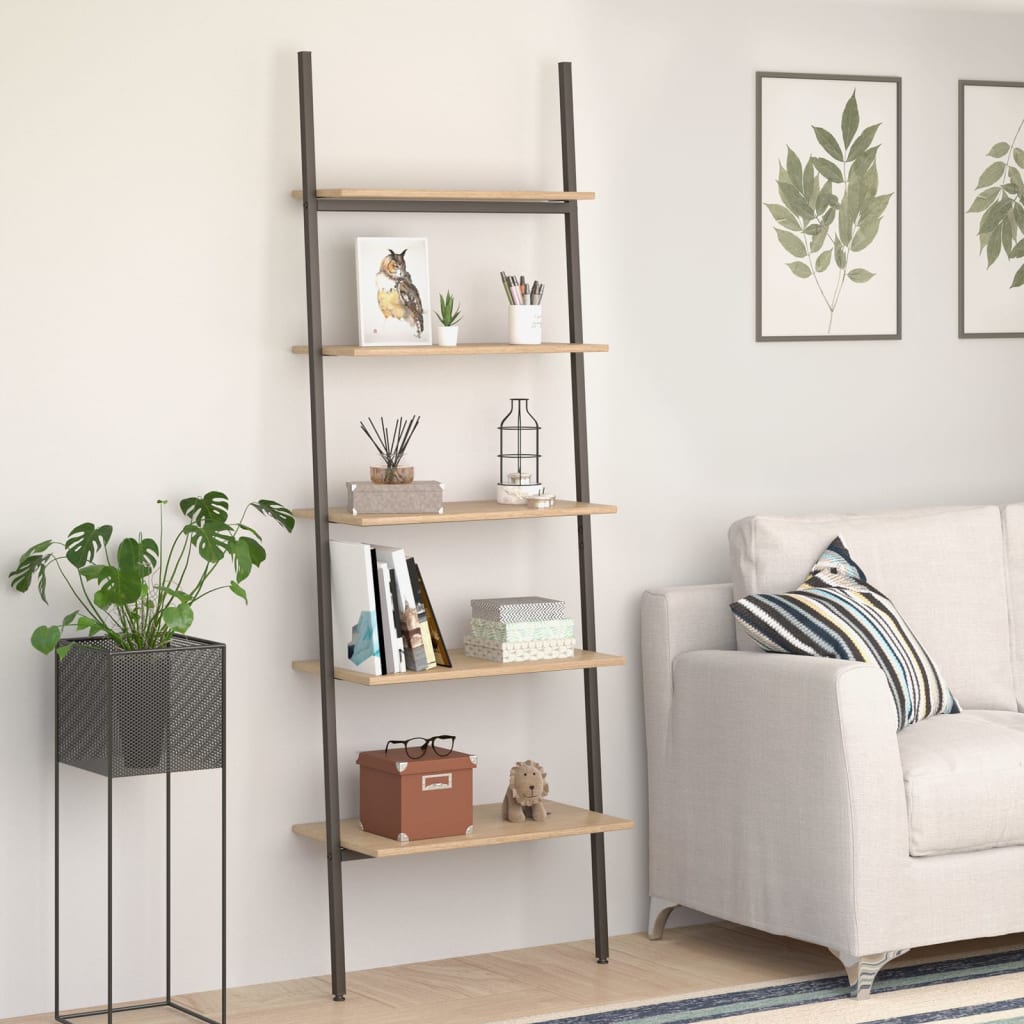 NNEVL 5-Tier Leaning Shelf Light Brown and Black 64x34x185.5 cm-0
