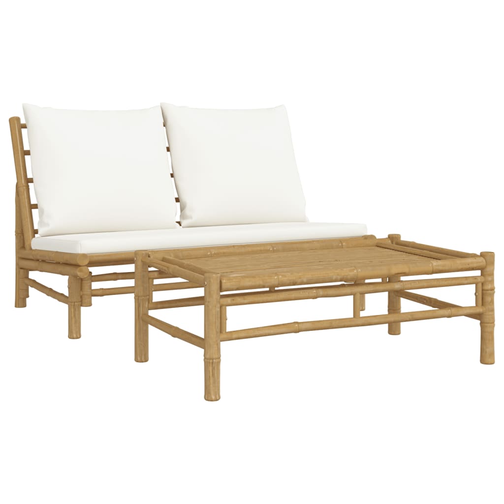 NNEVL 2 Piece Garden Lounge Set with Cream White Cushions Bamboo-1