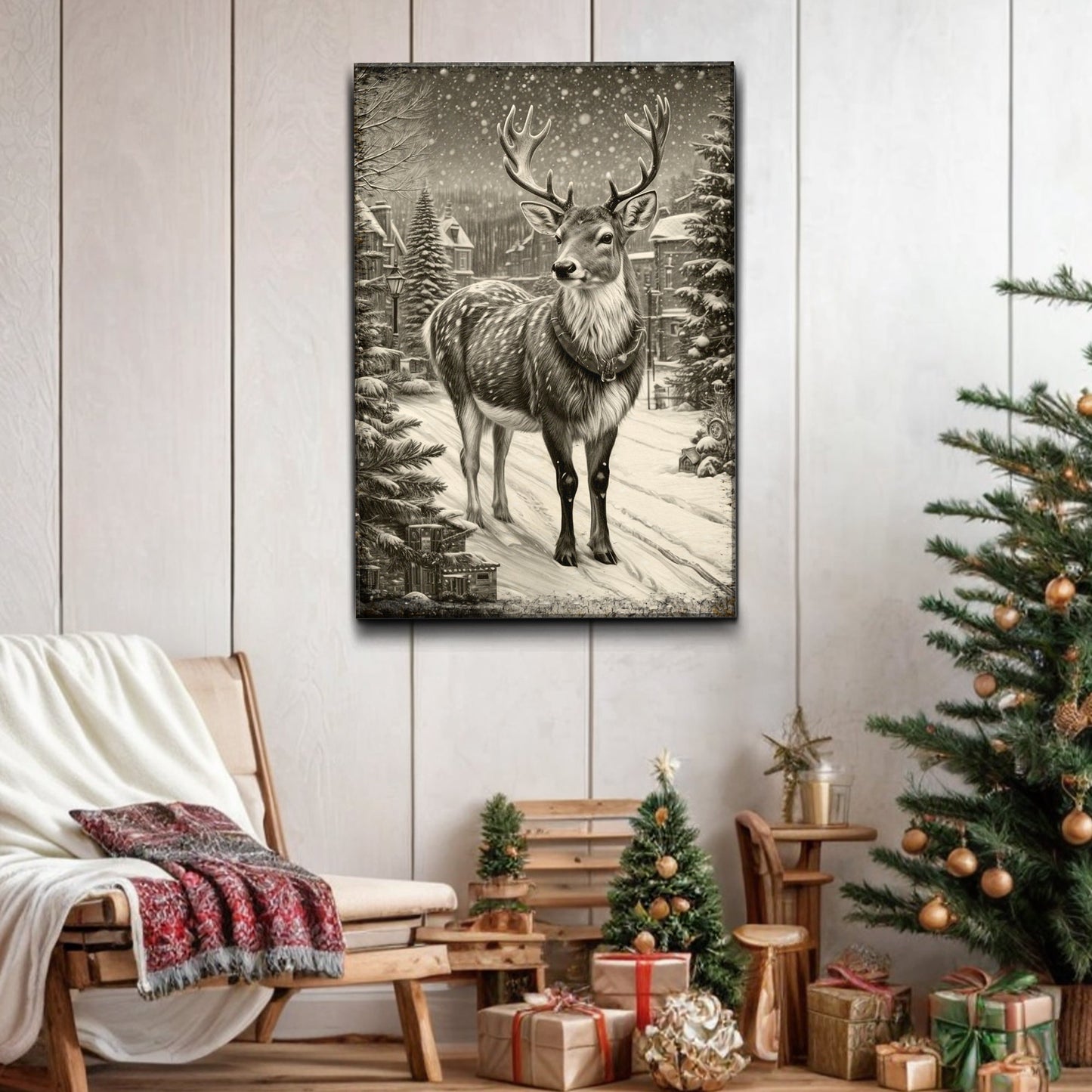 Vintage Winter Deer Christmas Wall Art II-1