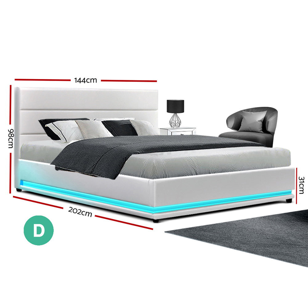 NNEDSZ Artiss Bed Frame Double Size LED Gas Lift White LUMI-1