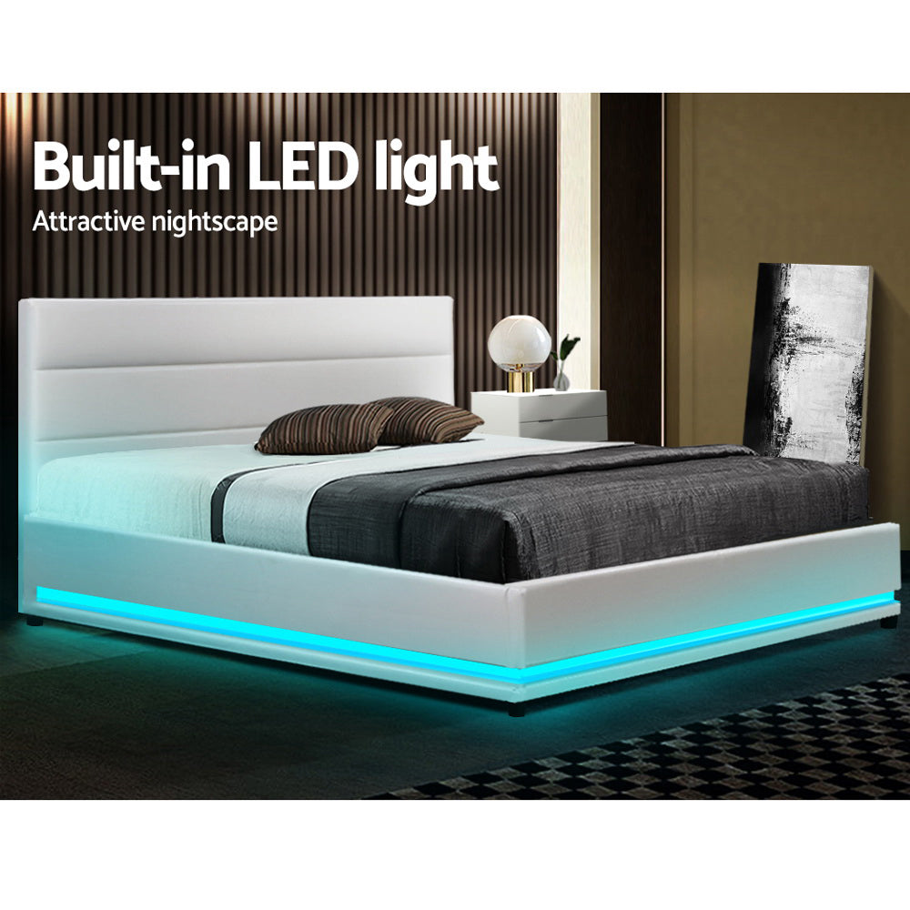 NNEDSZ Artiss Bed Frame Double Size LED Gas Lift White LUMI-3