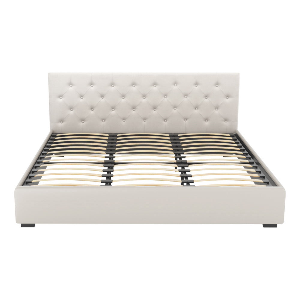 NNEDSZ Artiss Bed Frame King Size Gas Lift Beige VILA-2