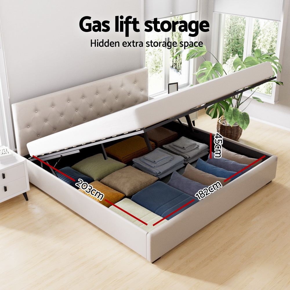 NNEDSZ Artiss Bed Frame King Size Gas Lift Beige VILA-3