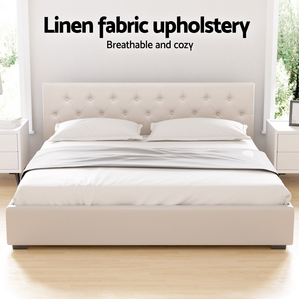 NNEDSZ Artiss Bed Frame King Size Gas Lift Beige VILA-4