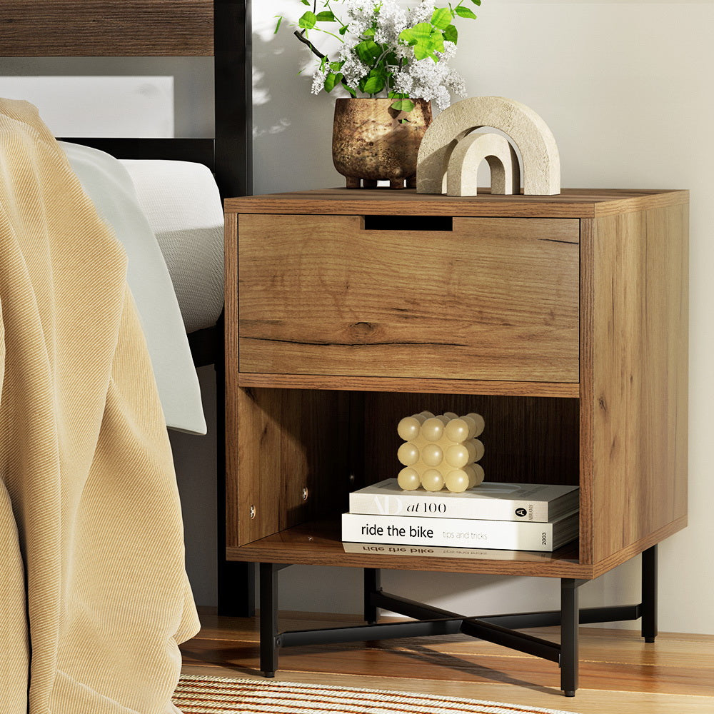 NNEDSZ Bedside Table Drawers Shelf Side Nightstand Storage Bedroom Rust Oak-4