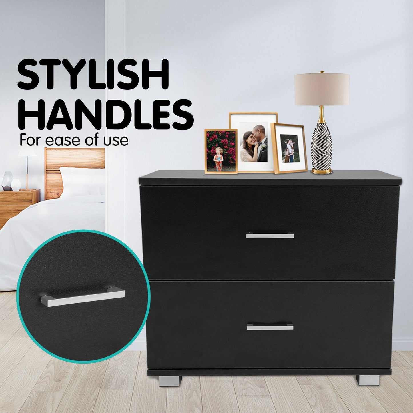 NNEDSZ Sarantino Bedside Table Cabinet Storage Chest 2 Drawers Lamp Side Nightstand - Black-2