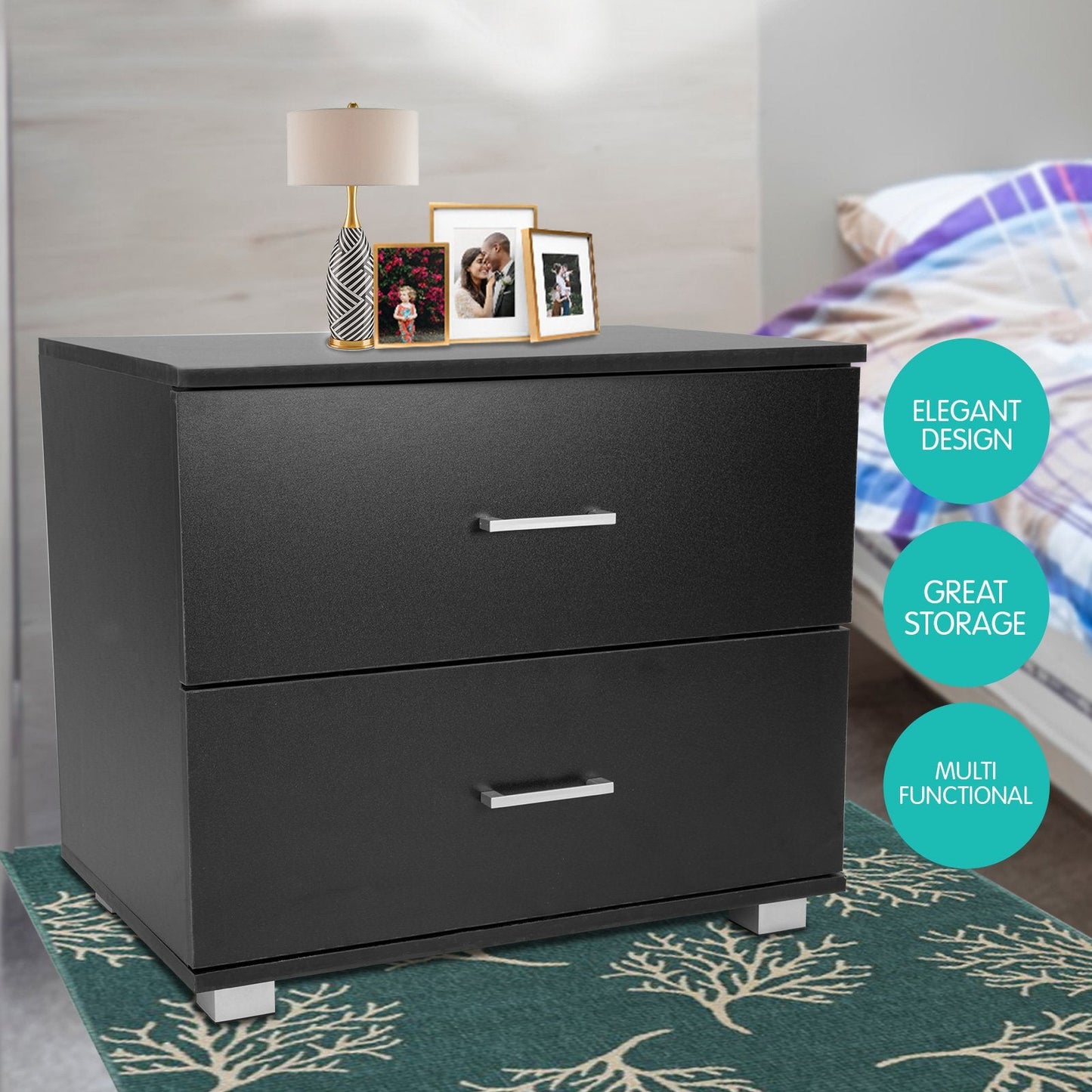 NNEDSZ Sarantino Bedside Table Cabinet Storage Chest 2 Drawers Lamp Side Nightstand - Black-4
