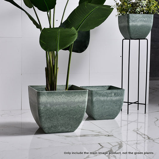 NNEAGS 2X 27cm Green Grey Square Resin Plant Flower Pot in Cement Pattern Planter Cachepot for Indoor Home Office-3