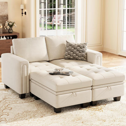 Velvet Modular Sectional Sofa Couch with Storage Convertible Sectional Sleeper Sofa Couch Bed Set with Reversible Chaise Beige-0