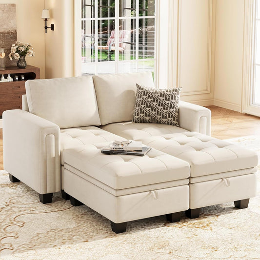 Velvet Modular Sectional Sofa Couch with Storage Convertible Sectional Sleeper Sofa Couch Bed Set with Reversible Chaise Beige-0