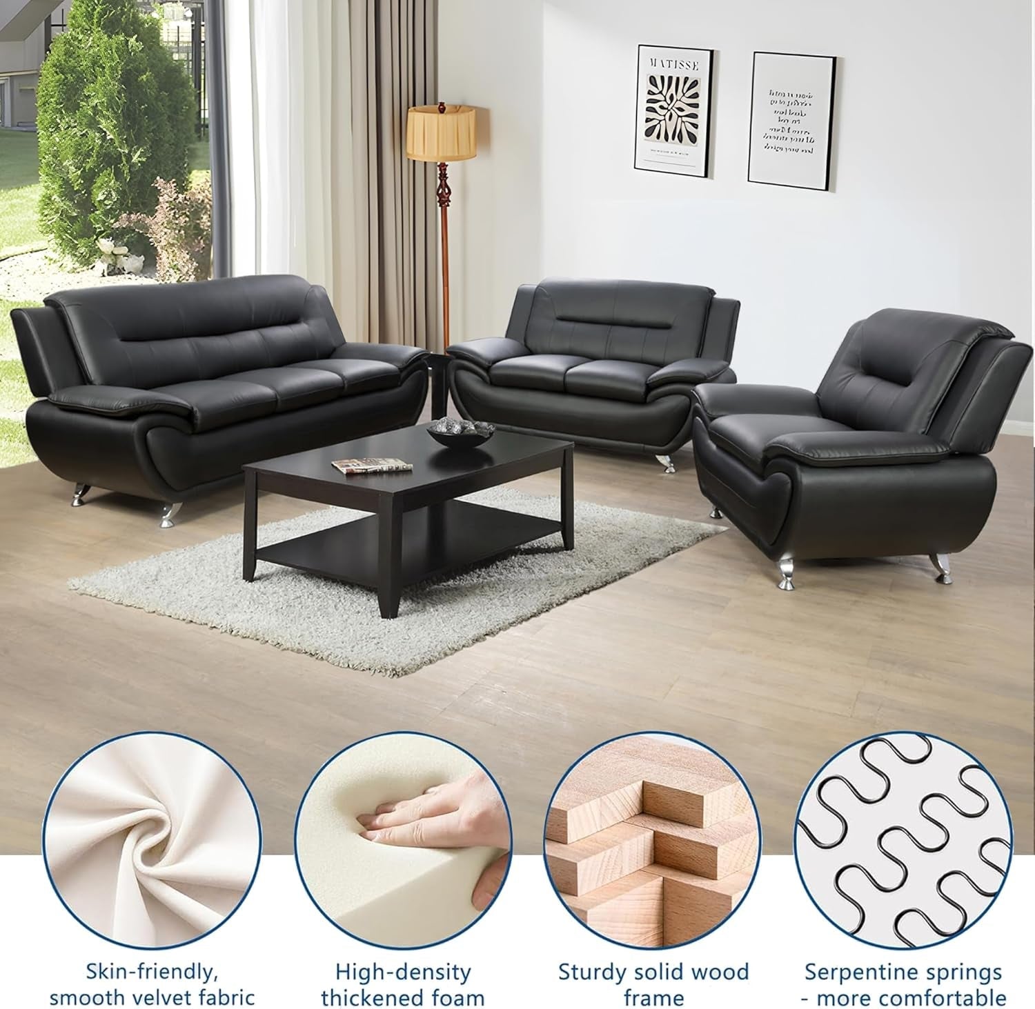 3 Piece Living Room Couch Set, Faux Leather Sofa Set, Modern Sofa Couch Set Living Room Furniture (Sofa+Loveseat+Chair, Black)-4