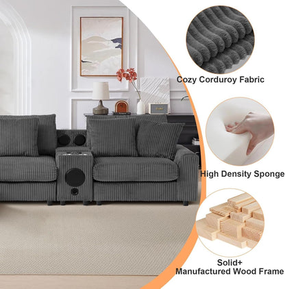 Sofá Seccional 114″ Corduroy con Altavoces Bluetooth Integrados y Carga Inalámbrica