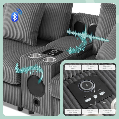 Sofá Seccional 114″ Corduroy con Altavoces Bluetooth Integrados y Carga Inalámbrica