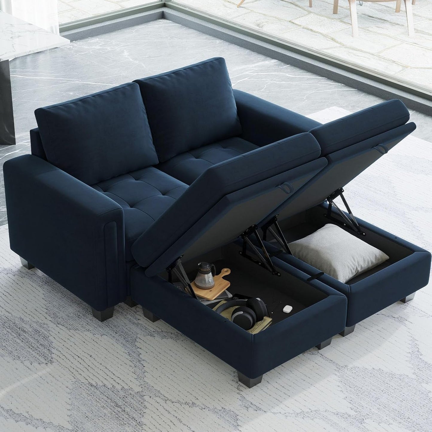 Velvet Modular Sectional Sofa Couch with Storage Convertible Sectional Sleeper Sofa Couch Bed Set with Reversible Chaise Blue-3