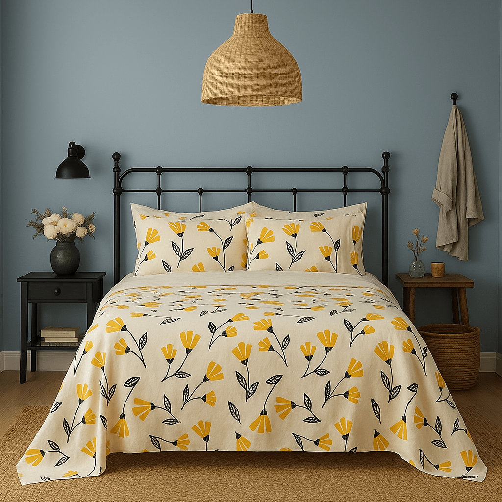 DaDa Bedding Yellow Fleur Golden Orange Floral Ivory Fitted & Flat Bed Sheets Set (18112)-0