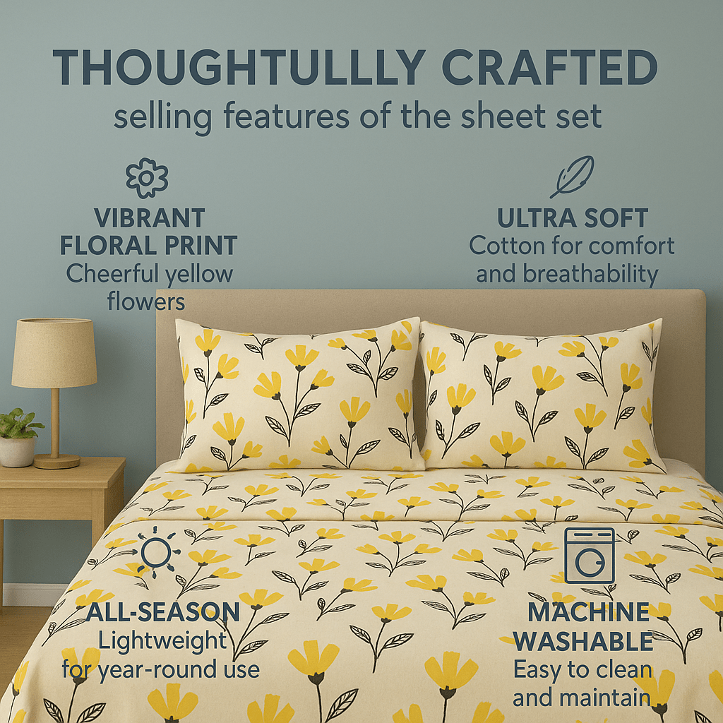 DaDa Bedding Yellow Fleur Golden Orange Floral Ivory Fitted & Flat Bed Sheets Set (18112)-1
