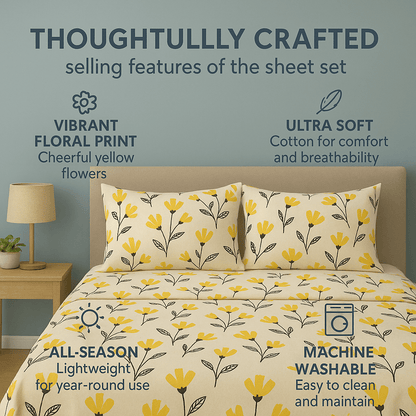 DaDa Bedding Yellow Fleur Golden Orange Floral Ivory Fitted & Flat Bed Sheets Set (18112)-1