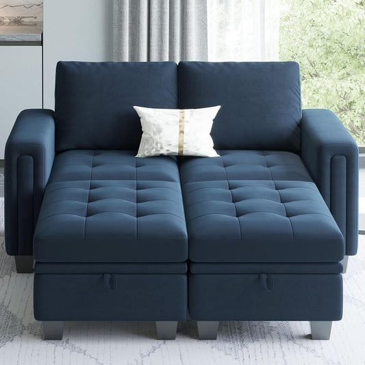 Velvet Modular Sectional Sofa Couch with Storage Convertible Sectional Sleeper Sofa Couch Bed Set with Reversible Chaise Blue-0