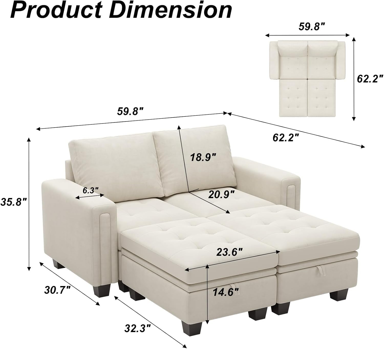 Velvet Modular Sectional Sofa Couch with Storage Convertible Sectional Sleeper Sofa Couch Bed Set with Reversible Chaise Beige-1