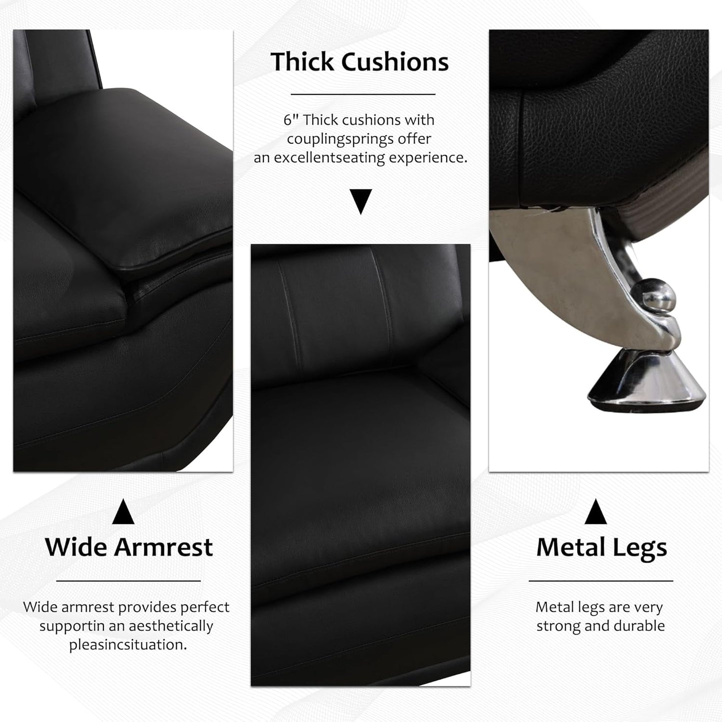 3 Piece Living Room Couch Set, Faux Leather Sofa Set, Modern Sofa Couch Set Living Room Furniture (Sofa+Loveseat+Chair, Black)-2