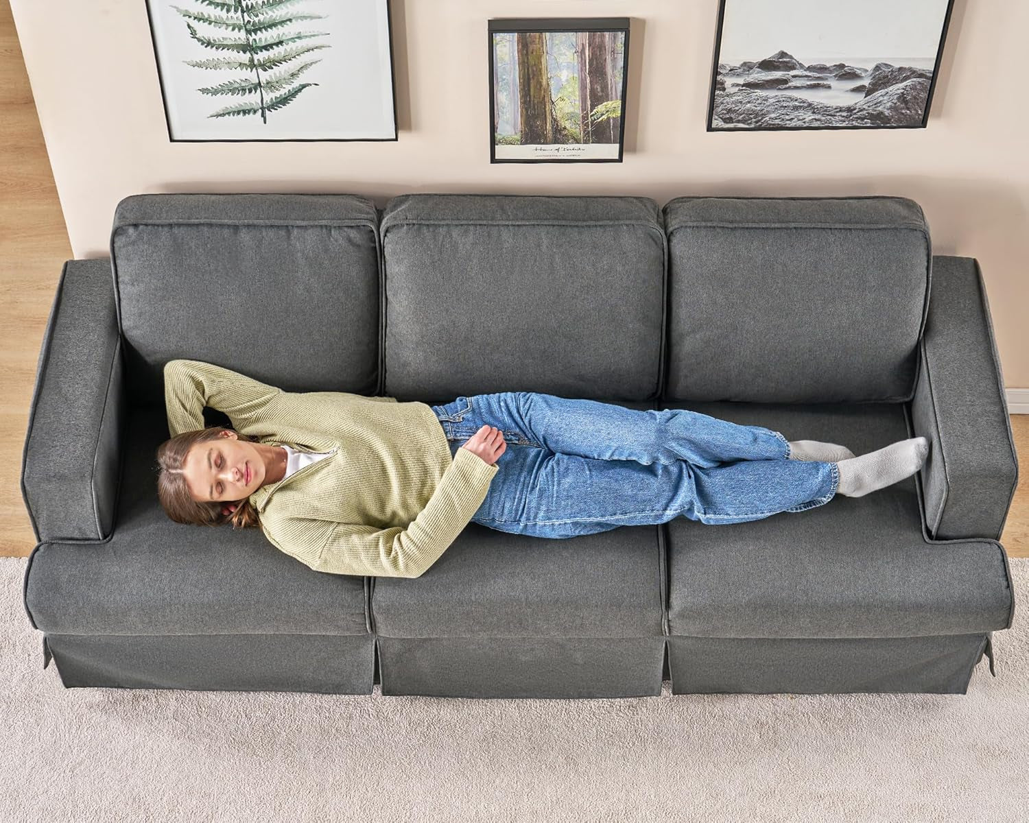 Modern Sofa, 89 Inch Slipcovered Sofa, 3 Seater Sofa Comfy Couch for Living Room Office, Linen Grey Oversized Couch-4