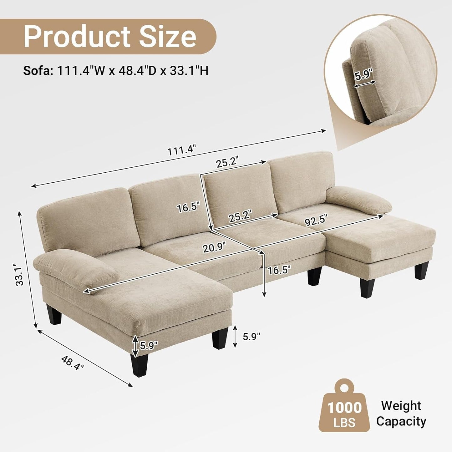 Sofá Seccional en U de 110" con Doble Chaise