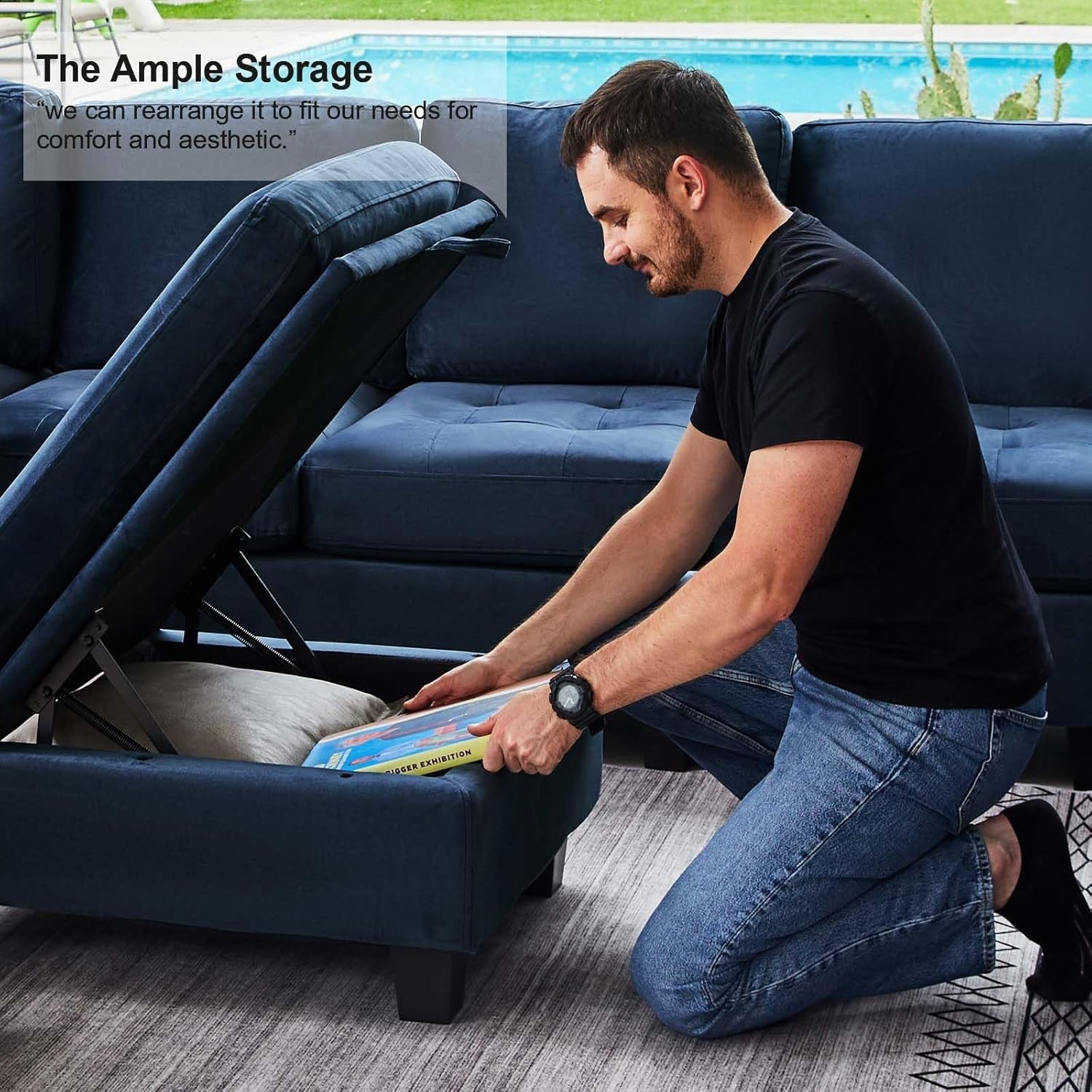 Velvet Modular Sectional Sofa Couch with Storage Convertible Sectional Sleeper Sofa Couch Bed Set with Reversible Chaise Blue-4