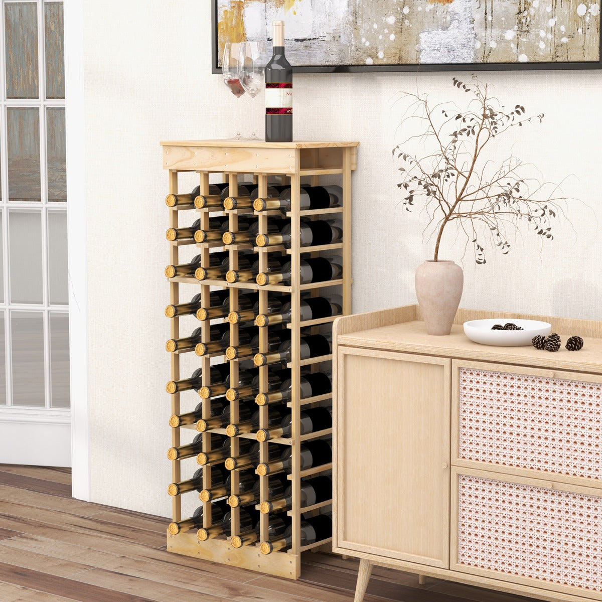 NNECW 40-Bottle Wood Wine Rack with Tabletop for Cellar & Dining Room-0