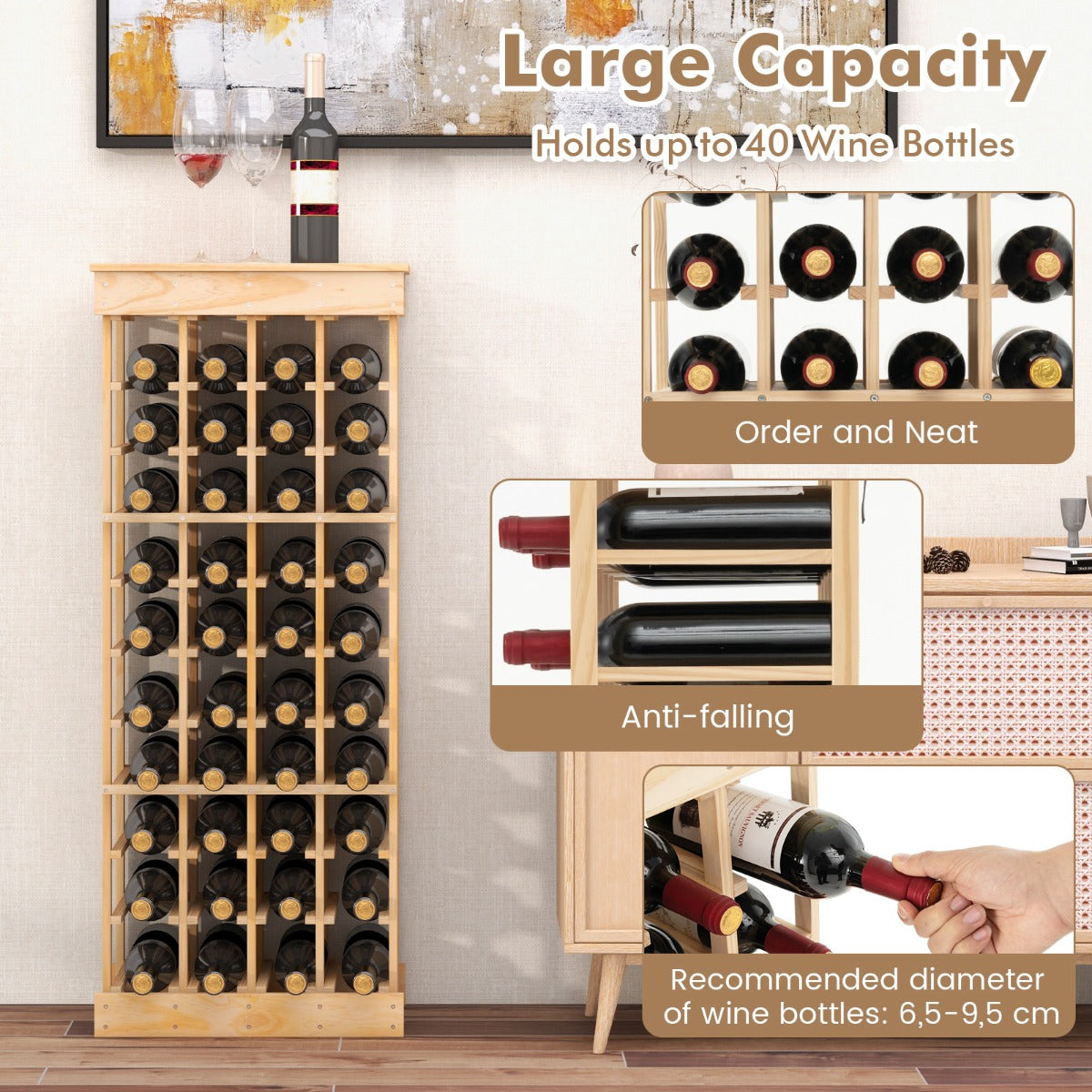NNECW 40-Bottle Wood Wine Rack with Tabletop for Cellar & Dining Room-4