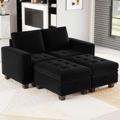 Velvet Modular Sectional Sofa Couch with Storage Convertible Sectional Sleeper Sofa Couch Bed Set with Reversible Chaise Black-2