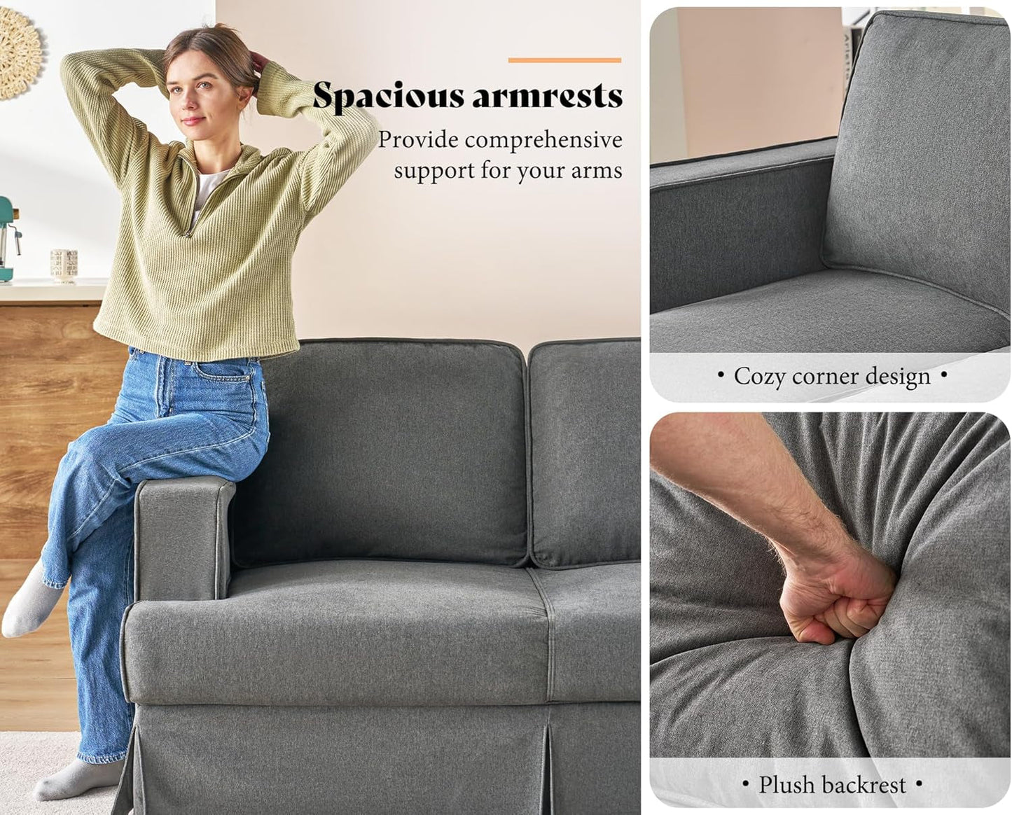 Modern Sofa, 89 Inch Slipcovered Sofa, 3 Seater Sofa Comfy Couch for Living Room Office, Linen Grey Oversized Couch-3