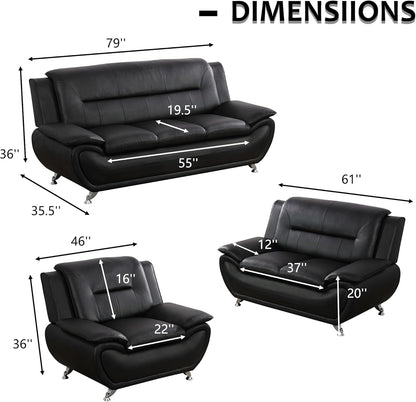 3 Piece Living Room Couch Set, Faux Leather Sofa Set, Modern Sofa Couch Set Living Room Furniture (Sofa+Loveseat+Chair, Black)-1