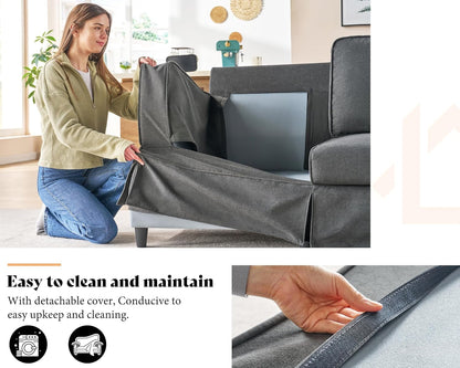 Modern Sofa, 89 Inch Slipcovered Sofa, 3 Seater Sofa Comfy Couch for Living Room Office, Linen Grey Oversized Couch-2