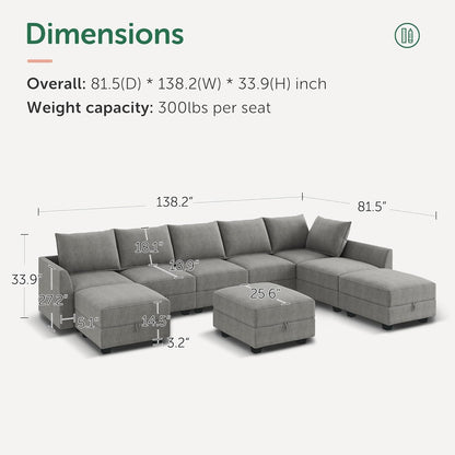 Oversized Modular Sectional Sofa with Storage Seats Reversible Sectional Couch with Ottomans U Shaped Modular Sectional Couch for Living Room, Grey-1