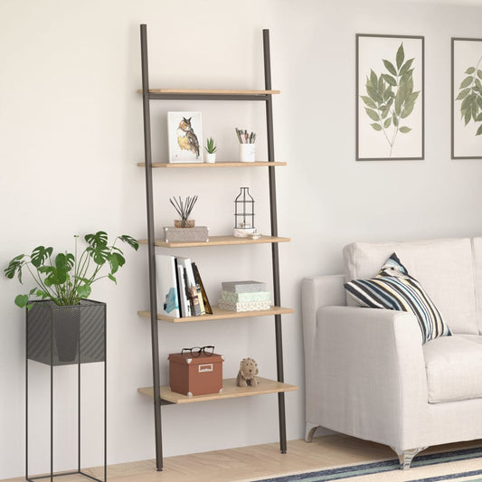 NNEVL 5-Tier Leaning Shelf Light Brown and Black 64x34x185.5 cm-0