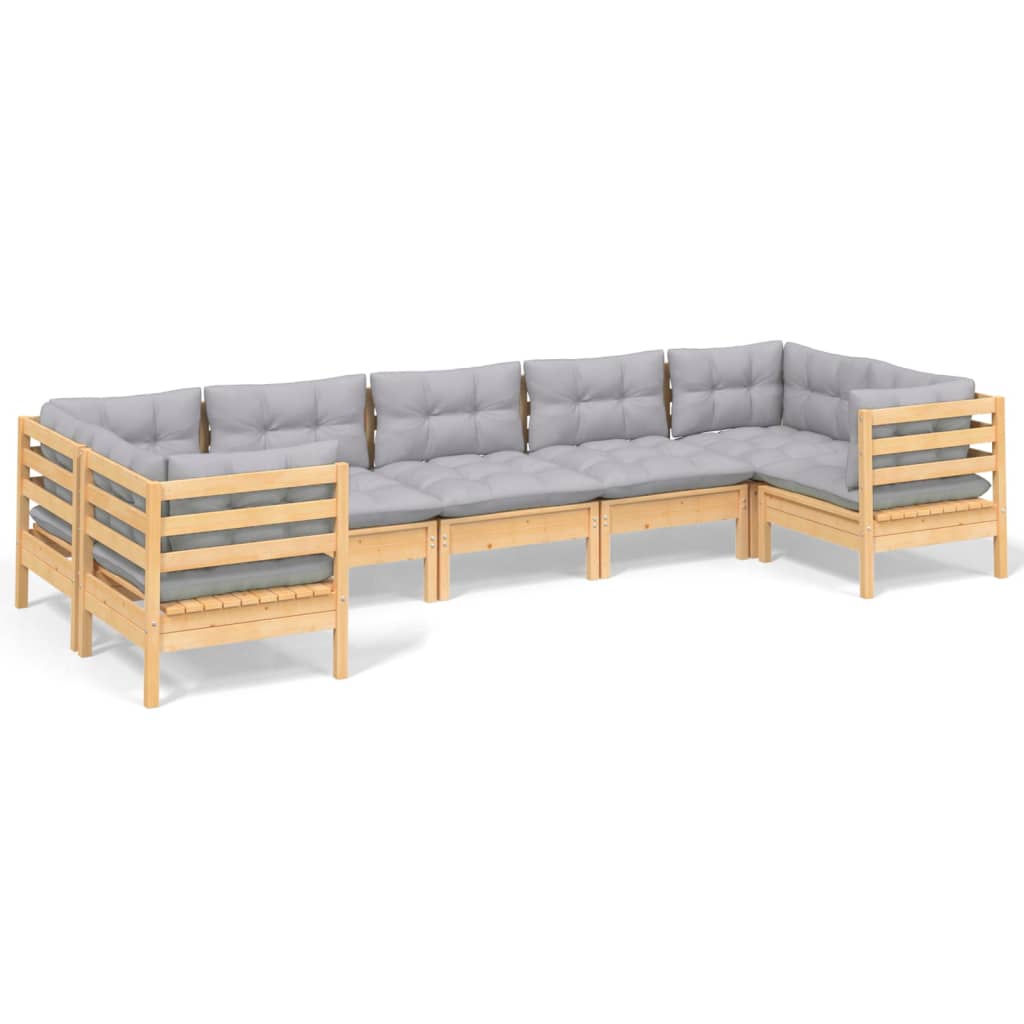 NNEVL 7 Piece Garden Lounge Set with Grey Cushions Pinewood-1