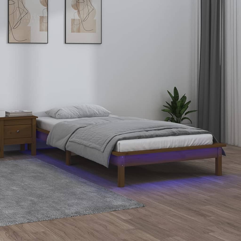 NNEVL LED Bed Frame Honey Brown 92x187 cm Single Bed Size Solid Wood-0