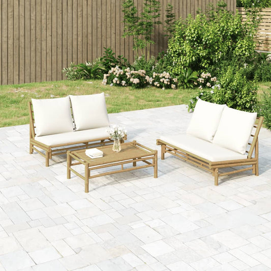 NNEVL 2 Piece Garden Lounge Set with Cream White Cushions Bamboo-0