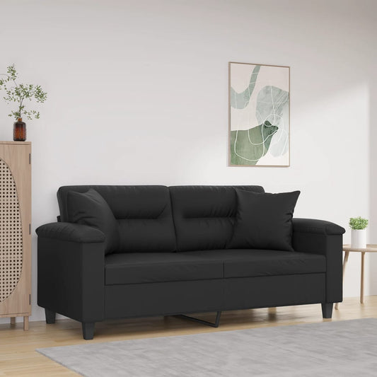 NNEVL 2-Seater Sofa with Throw Pillows Black 140 cm Faux Leather-0