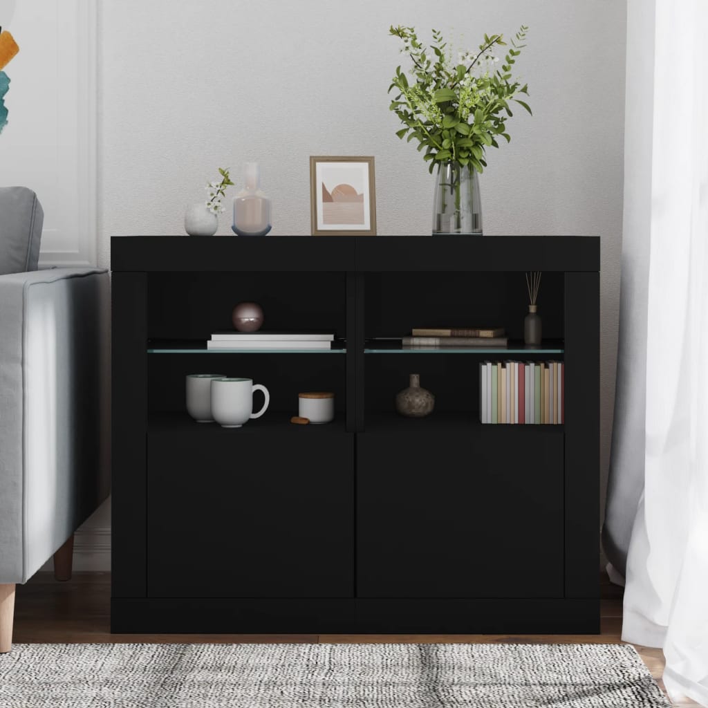 NNEVL Side Cabinets with LED Lights 2 pcs Black Engineered Wood-2