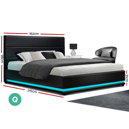 NNEDSZ Artiss Bed Frame Queen Size LED Gas Lift Black LUMI-1