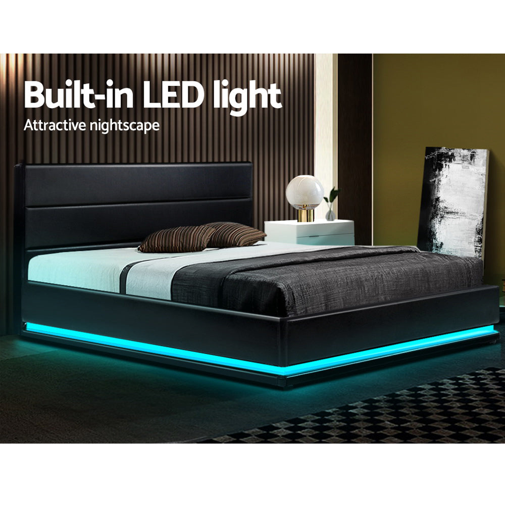 NNEDSZ Artiss Bed Frame Queen Size LED Gas Lift Black LUMI-3