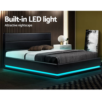 NNEDSZ Artiss Bed Frame Queen Size LED Gas Lift Black LUMI-3