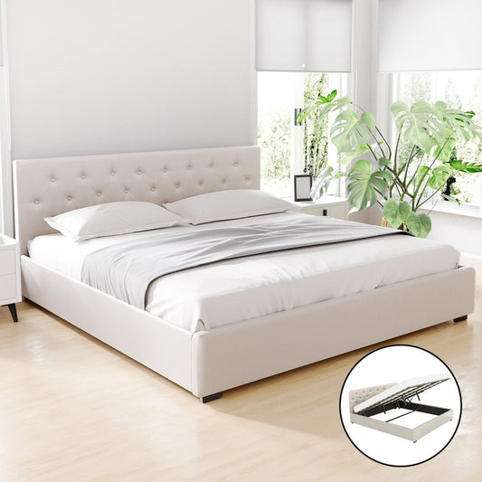 NNEDSZ Artiss Bed Frame King Size Gas Lift Beige VILA-0