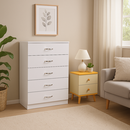 NNECN 5 Layer White Drawer Chest Storage with Bedside Table-1