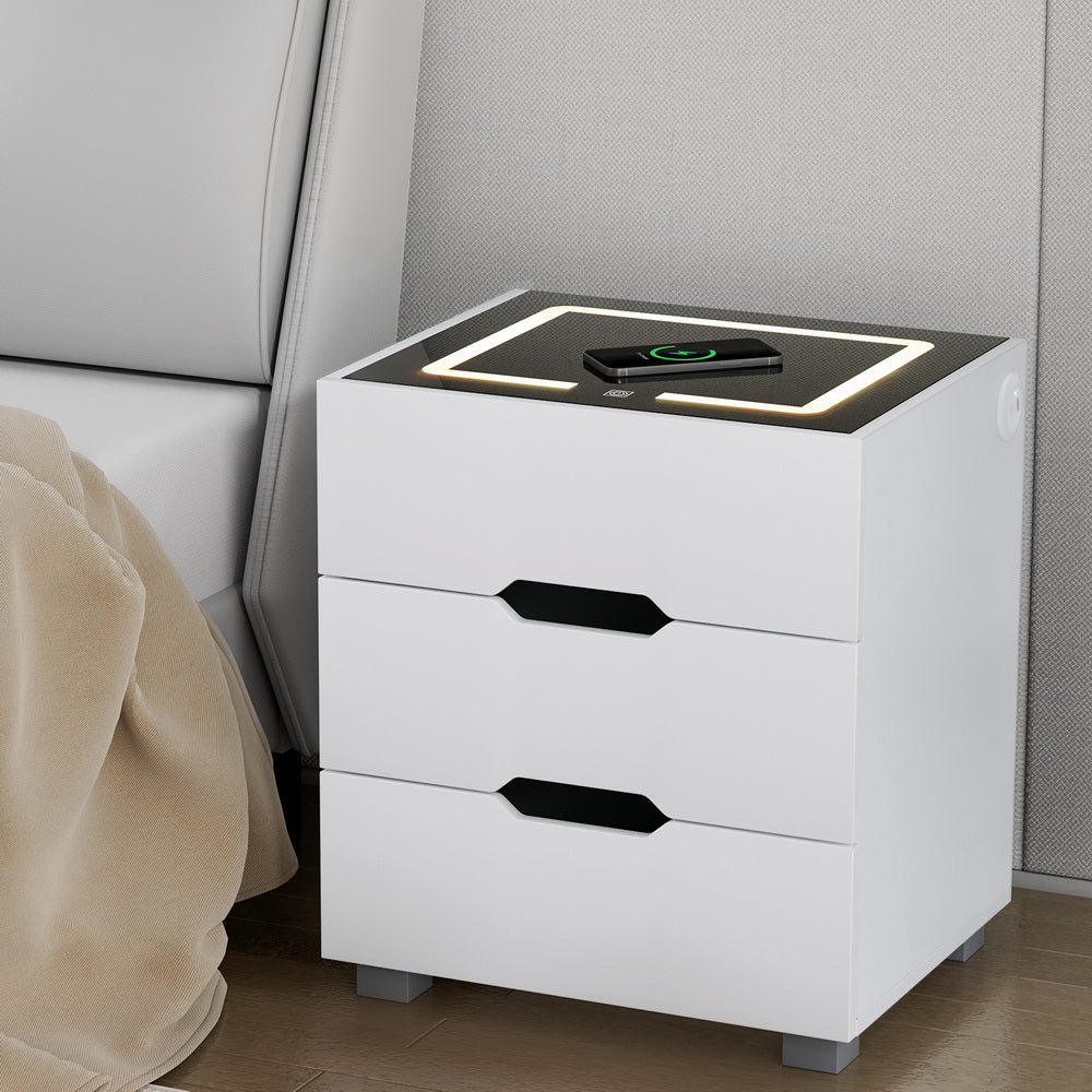 NNEDSZ Artiss Smart Bedside Table 3 Drawers with Wireless Charging Ports LED White ADAD-0