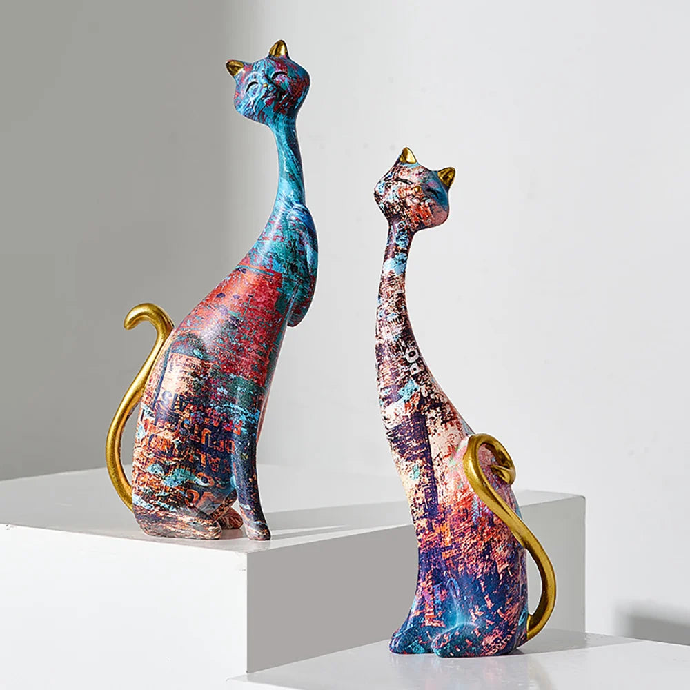 NNEOBA European Style 2pcs Oil Painting Cat Statues Animal Modern Sculpture Room Decoration Accessories Sculptures for Home Design Gift-4
