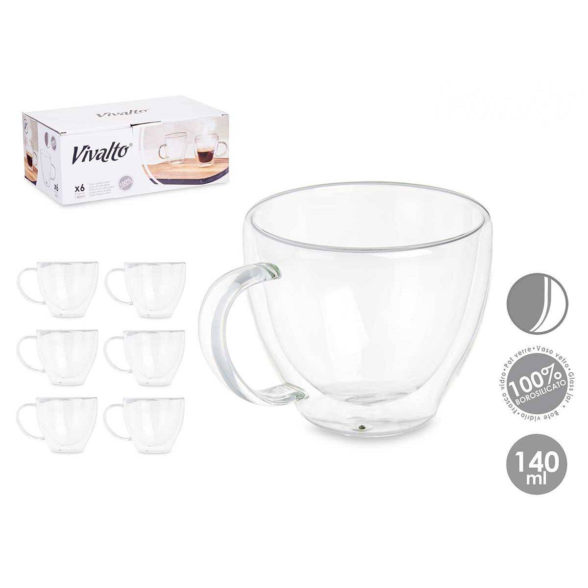 Set 6 Tazas Vivalto – Vidrio Borosilicato Transparente 140 ml