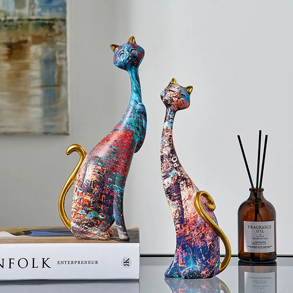NNEOBA European Style 2pcs Oil Painting Cat Statues Animal Modern Sculpture Room Decoration Accessories Sculptures for Home Design Gift-1